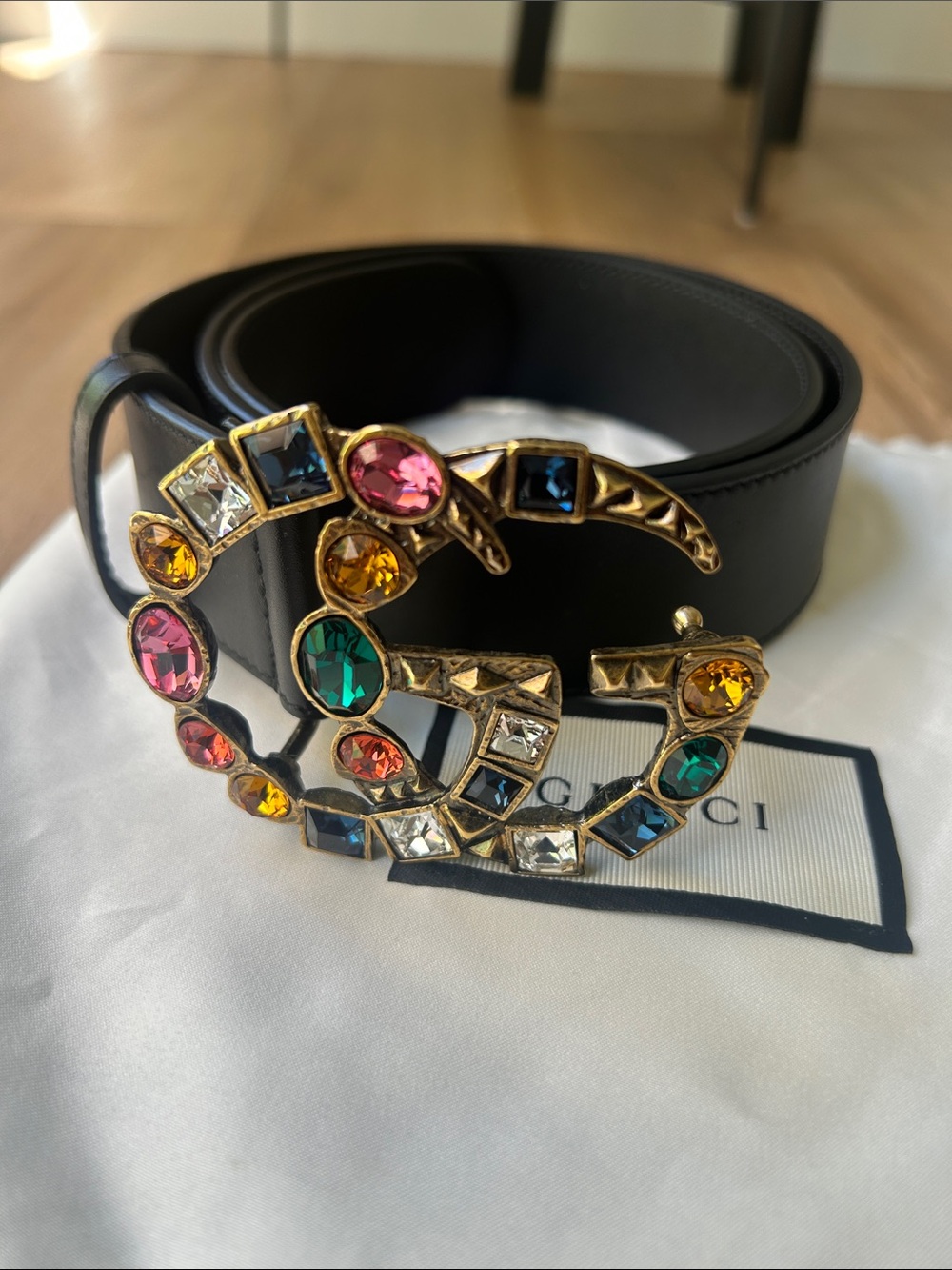 Gucci Black Leather Belt with Gold Jeweled GG Buckle MARMONT MOON/STRASS MULTI